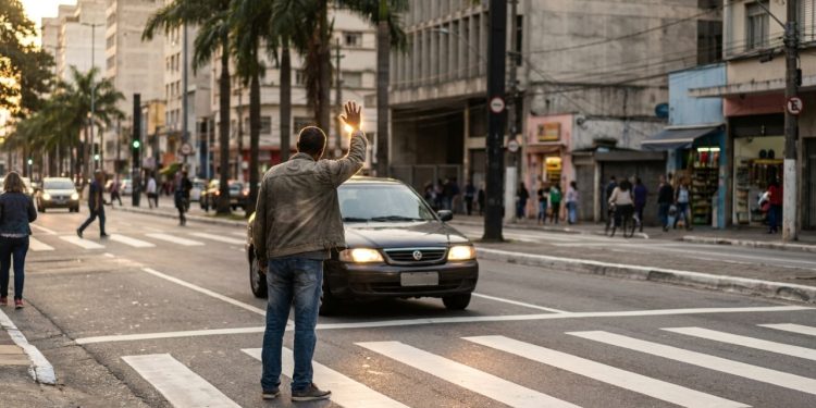 Pedestre agradece motorista na faixa de pedestres urbana