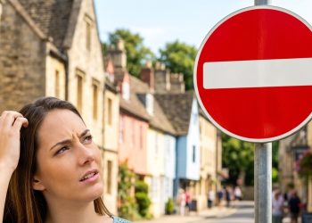 Mulher com expressão confusa observa uma placa de sentido proibido em uma rua residencial.