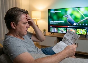 Homem preocupado segura uma conta de luz sentado no sofá, com televisão ligada ao fundo em uma sala de estar.