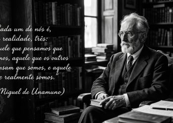 Homem idoso sentado em biblioteca, ao lado de uma citação em português sobre as diferentes versões de quem somos.