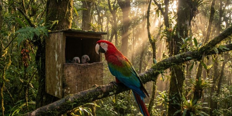 Arara-vermelha-grande com filhotes na Mata Atlântica