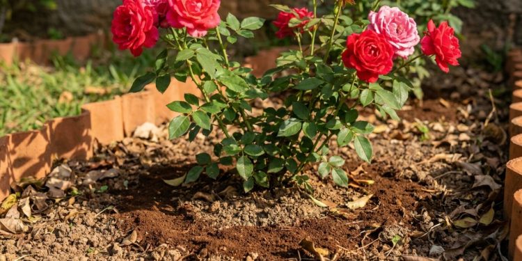 Roseira florida recebe camada leve de borra de café no solo