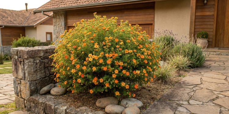 Potentila arbustiva laranja florindo em jardim pequeno