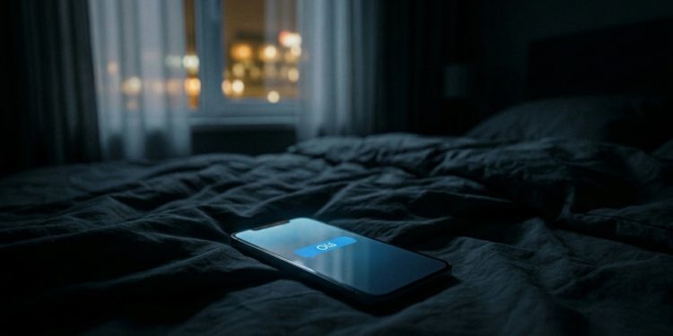 Celular iluminado na cama escura mostrando uma mensagem de “Oi”