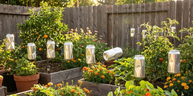 Latas de refrigerante penduradas refletem luz para proteger o jardim