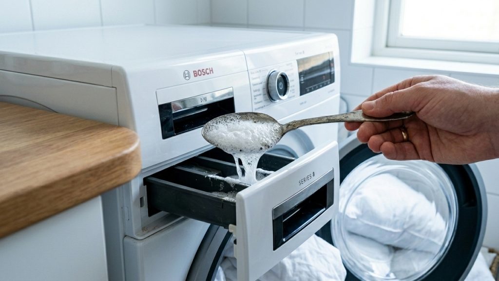 Pessoa segura uma colher com mistura espumante diante do dispenser de uma máquina de lavar, com travesseiros brancos no tambor.