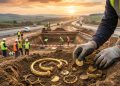 Trabalhador encontra objetos dourados antigos em escavação próxima a uma rodovia em construção, com equipe e máquinas ao fundo.