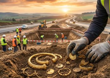 Trabalhador encontra objetos dourados antigos em escavação próxima a uma rodovia em construção, com equipe e máquinas ao fundo.