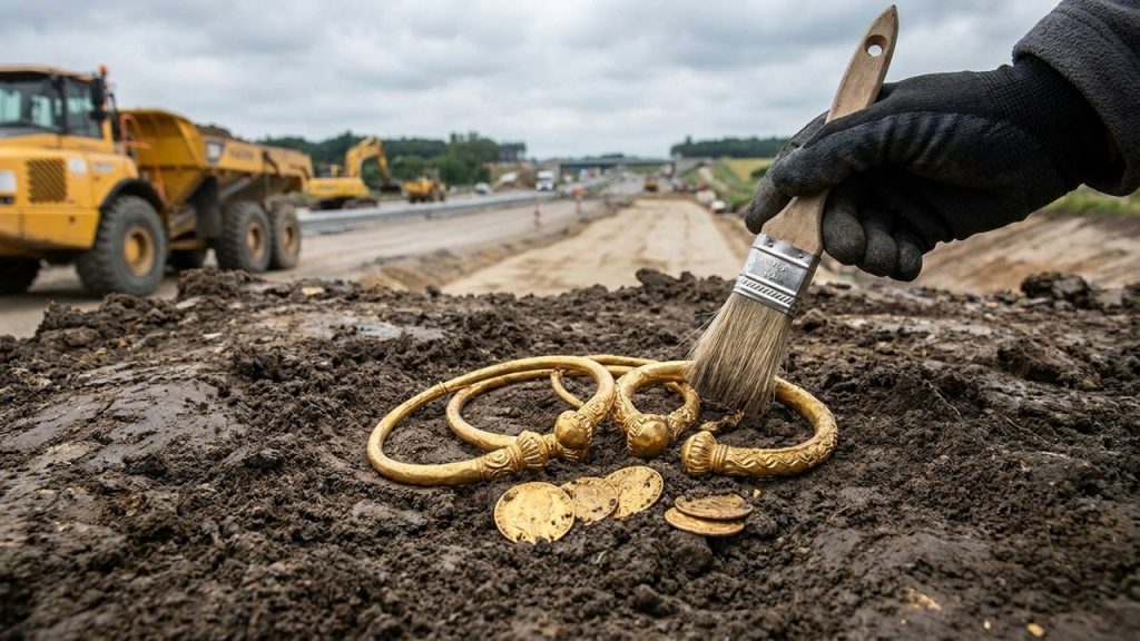 Pincel remove terra de pulseiras e moedas douradas antigas encontradas em escavação ao lado de uma rodovia em obras.