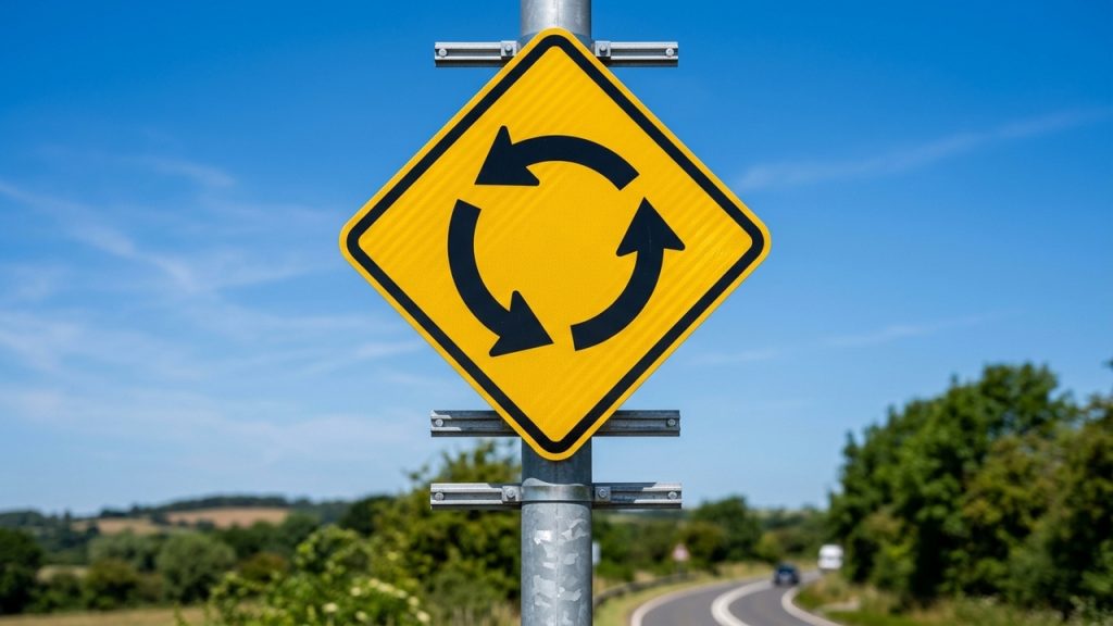 Placa amarela de rotatória com setas circulares pretas instalada em poste, com estrada e vegetação desfocadas ao fundo.