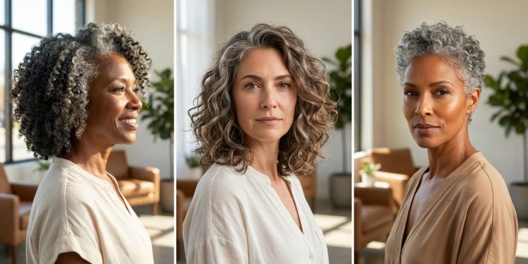 Triptych de três mulheres maduras exibindo Chanel, Lob e Pixie sob luz natural