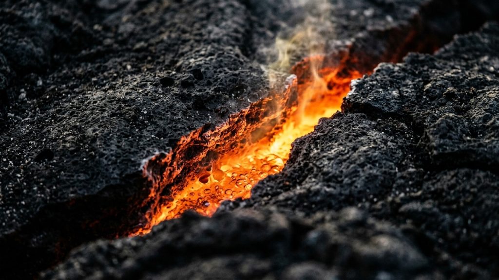 Rocha vulcânica escura aberta por uma fenda com magma incandescente visível no interior.
