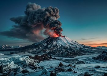 Vulcão coberto de neve entra em erupção ao amanhecer, lançando fumaça e cinzas sobre uma paisagem gelada.