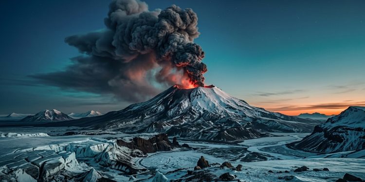 Vulcão coberto de neve entra em erupção ao amanhecer, lançando fumaça e cinzas sobre uma paisagem gelada.
