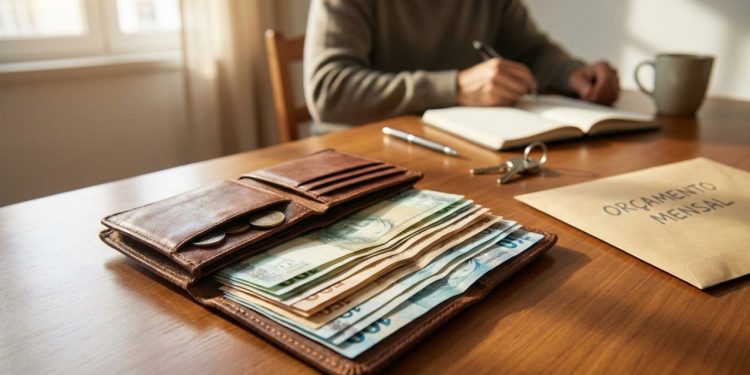 Carteira aberta com notas alinhadas mostra controle e organização financeira