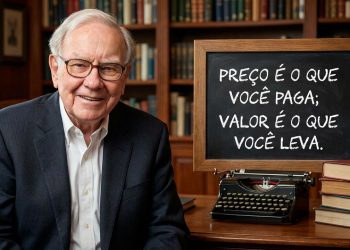 Homem idoso sorrindo em uma biblioteca, ao lado de um quadro com frase sobre preço, valor e escolhas financeiras.