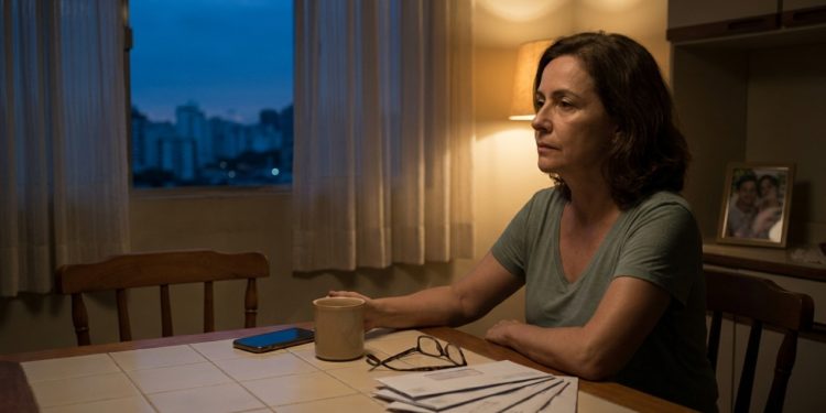 Mulher de meia-idade sente solidão em cozinha silenciosa