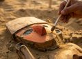 Pincel remove areia de uma peça antiga de madeira pintada, parcialmente enterrada em um sítio arqueológico no deserto.