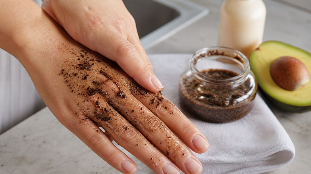 Esfoliante caseiro fácil e rápido para as mãos, feito com caroço de abacate