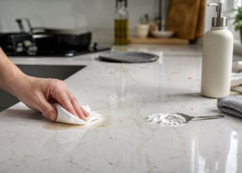 A mistura simples que ajuda a remover manchas de bancadas de quartzo sem perder o brilho