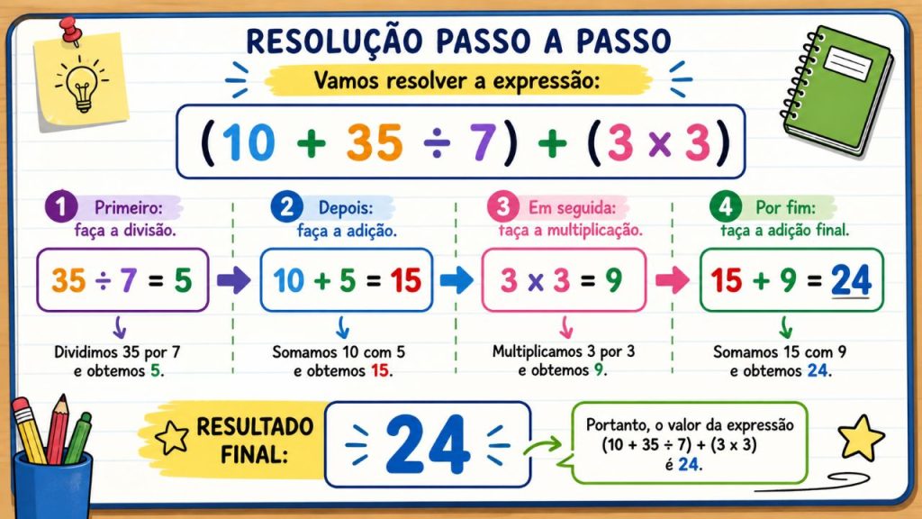 Desafio de matemática: quanto é (10 + 35 ÷ 7) + (3 x 3)?