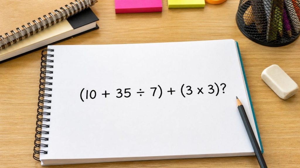 Desafio de matemática: quanto é (10 + 35 ÷ 7) + (3 x 3)?