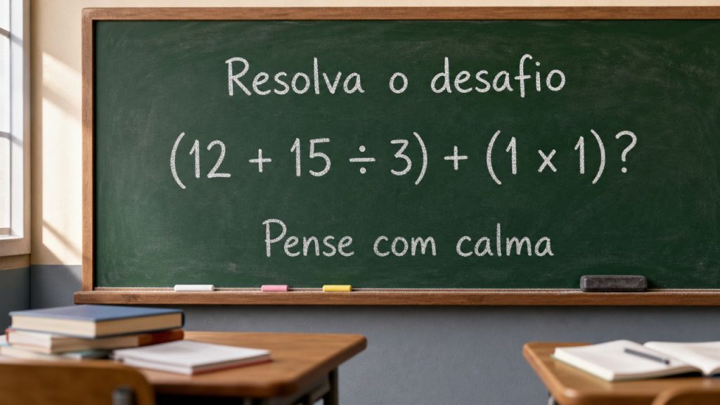 Desafio de matemática: quanto é (12 + 15 ÷ 3) + (1 x 1)?