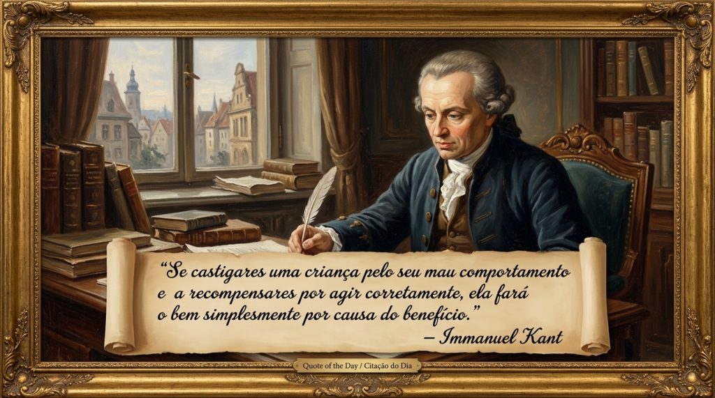 Citação do dia por Immanuel Kant: “Se você castigar uma criança por sua má conduta e presenteá-la por agir corretamente, ela fará o bem apenas pelo benefício.”