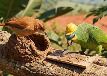 Papagaio verde usando capacete amarelo aparece ao lado de um pássaro marrom, enquanto interage com ferramentas sobre uma madeira em ambiente natural.