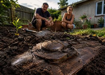 Moradores ficaram surpresos após encontrar peças de tanque militar enterradas no jardim