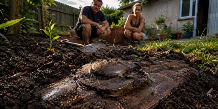 Moradores ficaram surpresos após encontrar peças de tanque militar enterradas no jardim