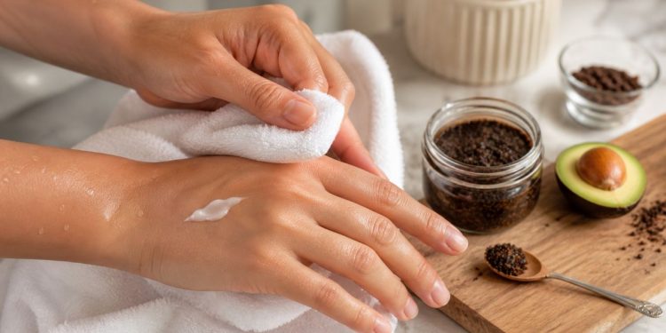 Esfoliante caseiro fácil e rápido para as mãos, feito com caroço de abacate