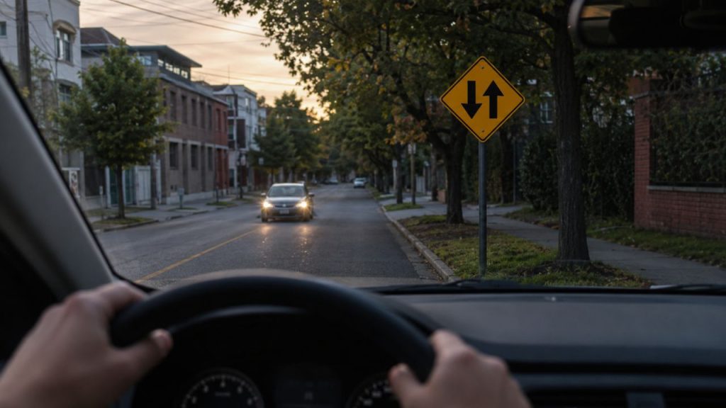 O que significa a placa de trânsito com duas setas pretas verticais paralelas apontando para sentidos opostos?