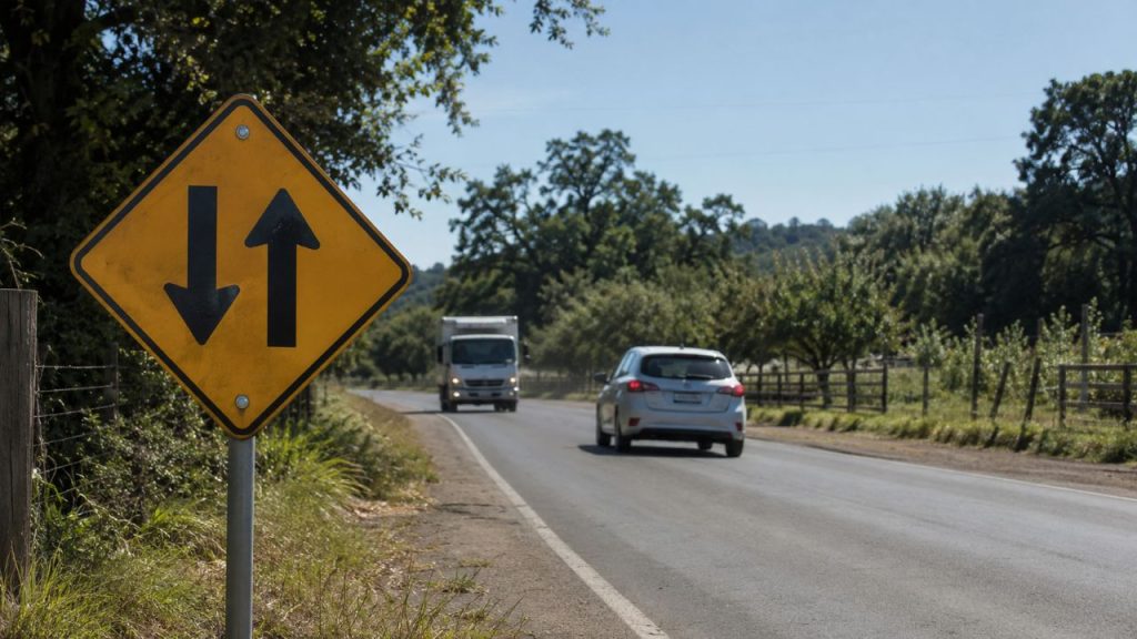 O que significa a placa de trânsito com duas setas pretas verticais paralelas apontando para sentidos opostos?