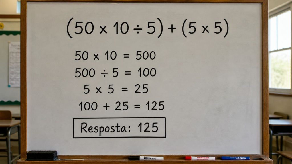 Desafio de matemática: quanto é (50 x 10 ÷ 5) + (5 x 5)?