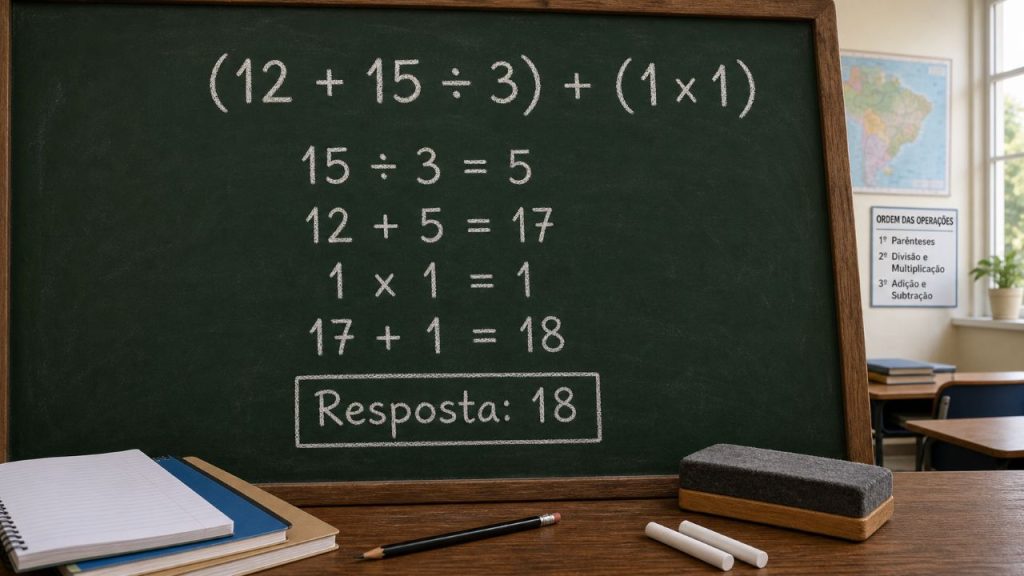 Desafio de matemática: quanto é (12 + 15 ÷ 3) + (1 x 1)?