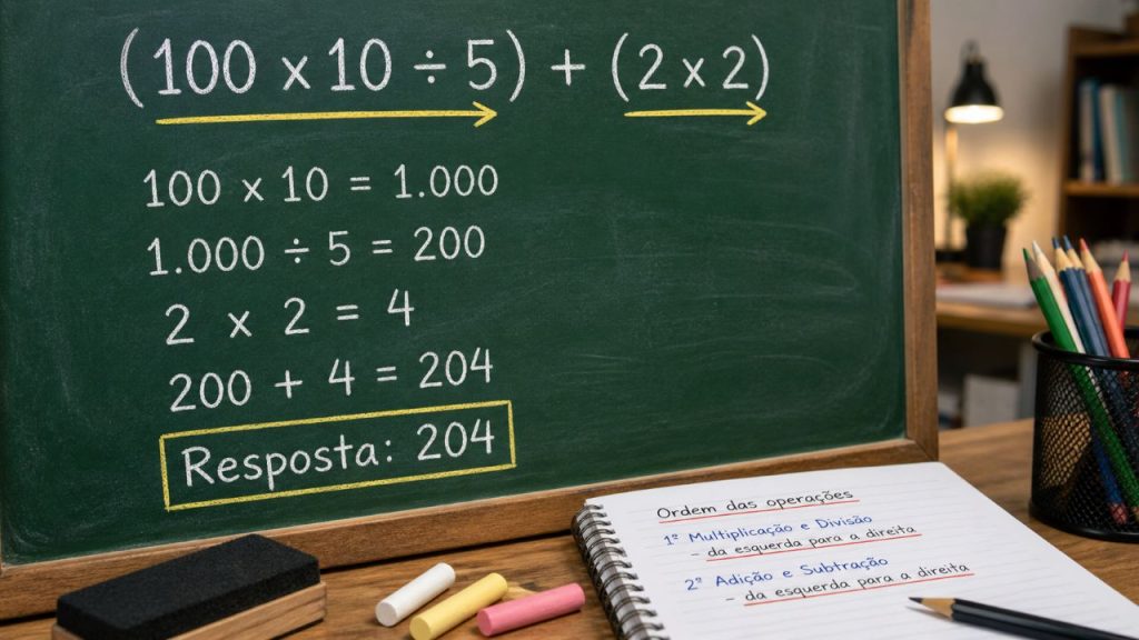 Desafio de matemática: quanto é (100 x 10 ÷ 5) + (2 x 2)?