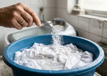2 colheres de sopa no balde com água fria e as roupas brancas voltam ao branco original em uma única lavagem