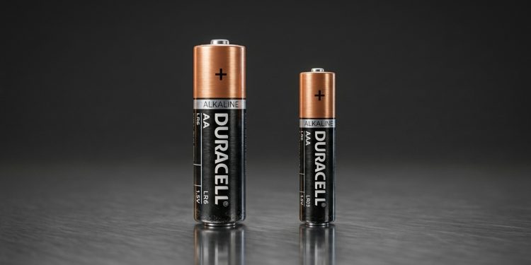 Pilhas alcalinas AA e AAA lado a lado sobre superfície escura, mostrando diferença de tamanho entre os dois modelos.