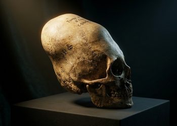 Crânio alongado antigo em exposição de museu, iluminado em vitrine com fundo escuro.