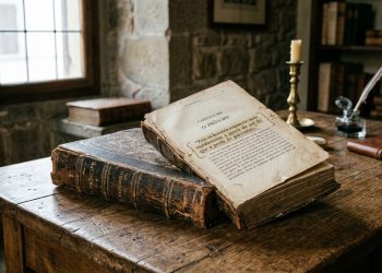Exemplar antigo de capa dura do livro O Príncipe aberto sobre uma mesa de madeira rústica escura, exibindo o texto do capítulo dezenove, com um tinteiro e uma pena ao fundo.