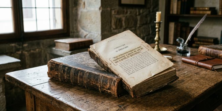 Exemplar antigo de capa dura do livro O Príncipe aberto sobre uma mesa de madeira rústica escura, exibindo o texto do capítulo dezenove, com um tinteiro e uma pena ao fundo.