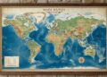 Quadro grande emoldurado em madeira escura exibindo um mapa-múndi artístico em tons terrosos e azuis vibrantes. A peça está pendurada em uma parede de pedras rústicas, entre estantes de livros desfocadas.