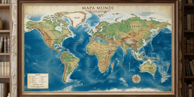 Quadro grande emoldurado em madeira escura exibindo um mapa-múndi artístico em tons terrosos e azuis vibrantes. A peça está pendurada em uma parede de pedras rústicas, entre estantes de livros desfocadas.