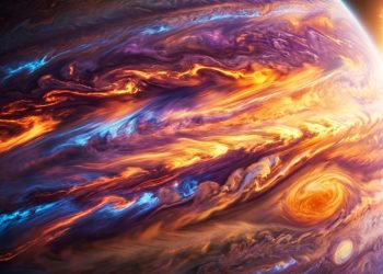 Ilustração mostra exoplaneta gigante com atmosfera colorida e turbulenta orbitando próximo a uma estrela brilhante no espaço.