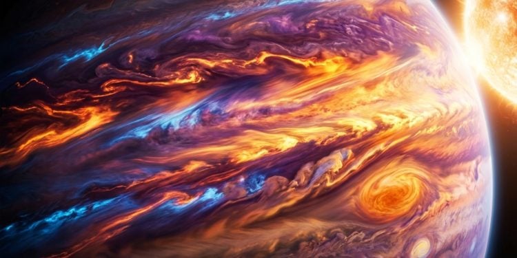 Ilustração mostra exoplaneta gigante com atmosfera colorida e turbulenta orbitando próximo a uma estrela brilhante no espaço.