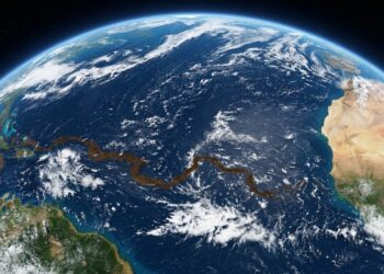Globo terrestre visto do espaço destacando uma enorme faixa marrom sinuosa que cruza todo o Oceano Atlântico, estendendo-se da costa oeste da África até o Mar do Caribe e as Américas.