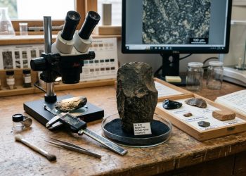 Bancada de madeira em um laboratório de arqueologia contendo um grande artefato de basalto no centro. Ao redor, há um microscópio óptico, um paquímetro digital, pinças, pincéis e bandejas com pequenos fragmentos líticos classificados. Ao fundo, o monitor de um computador exibe a imagem ampliada da superfície da rocha em escala micrométrica.