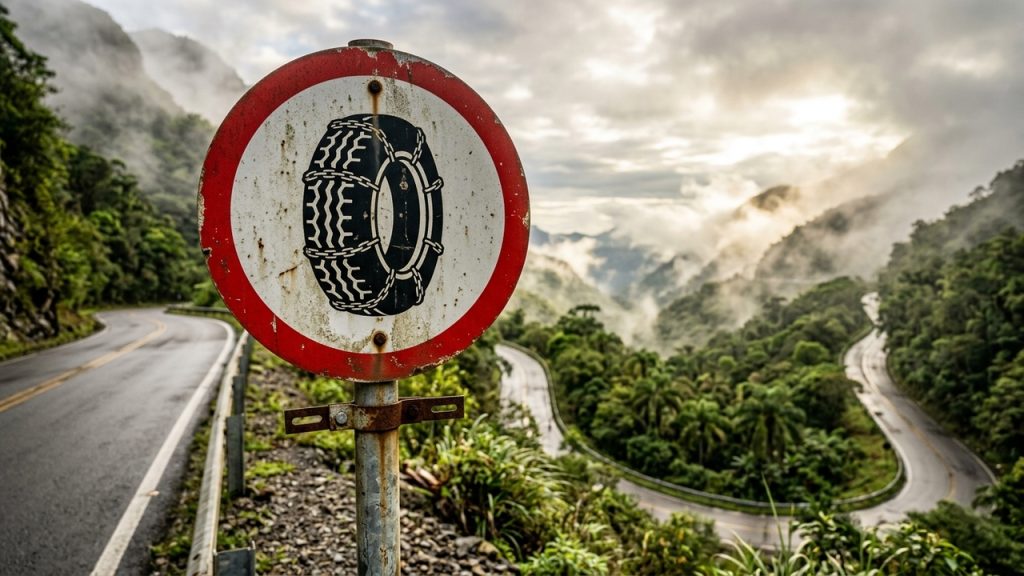 Placa de trânsito com símbolo de pneu com correntes em estrada de serra, cercada por mata, curvas e neblina nas montanhas.