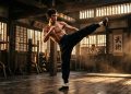 Artista marcial pratica chute alto em dojo tradicional, com piso de madeira, luz entrando pelas janelas e ambiente de treino ao fundo.